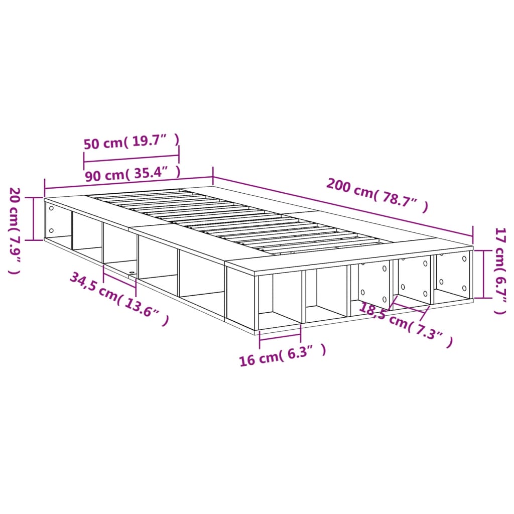 Bedframe bewerkt hout grijs sonoma eikenkleurig 90x200 cm is nu te koop bij PeponiXL, paradijselijk wonen!