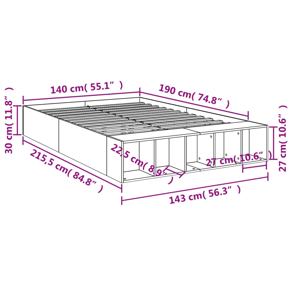 Bedframe bewerkt hout grijs sonoma eikenkleurig 140x190 cm is nu te koop bij PeponiXL, paradijselijk wonen!