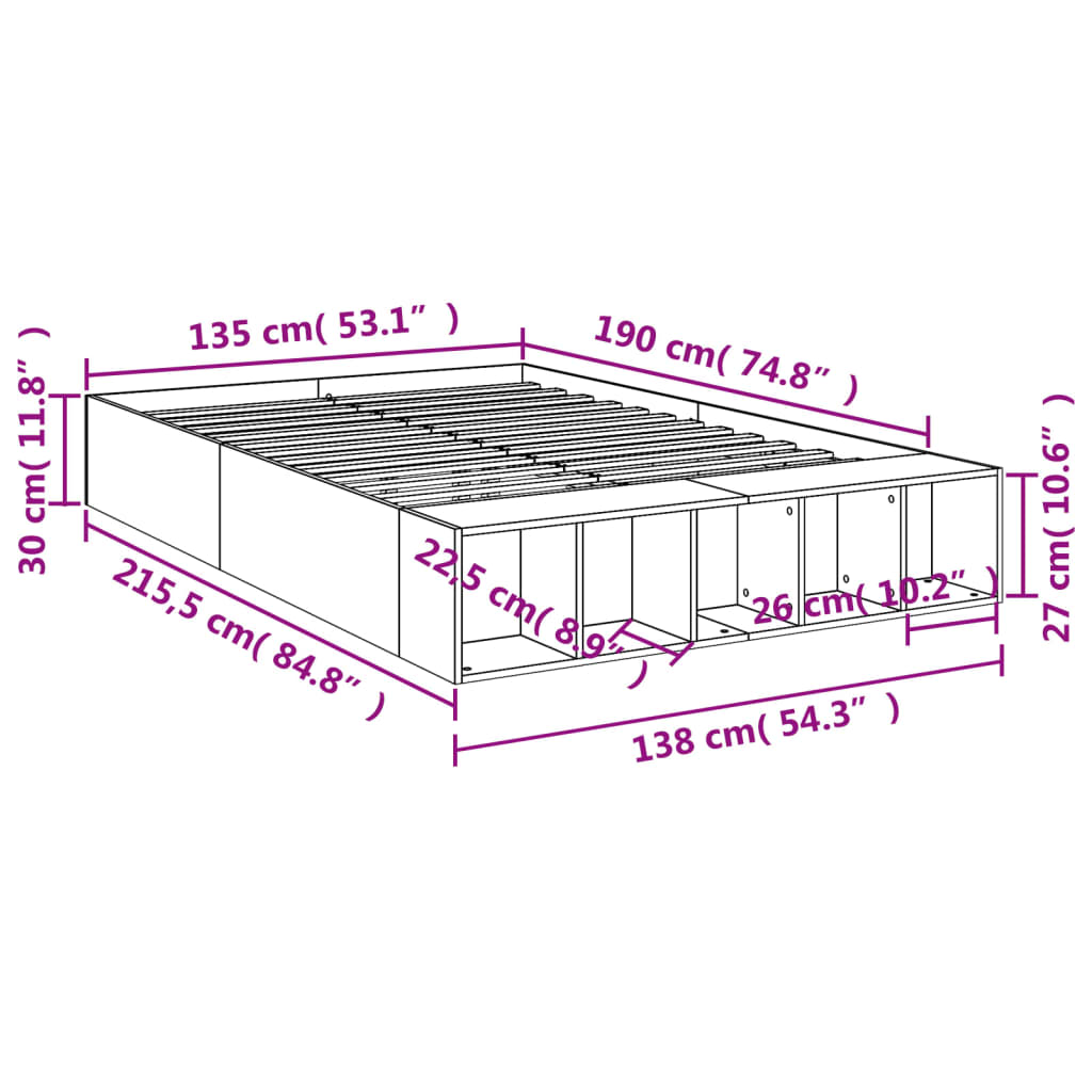 Bedframe bewerkt hout sonoma eikenkleurig 135x190 cm is nu te koop bij PeponiXL, paradijselijk wonen!