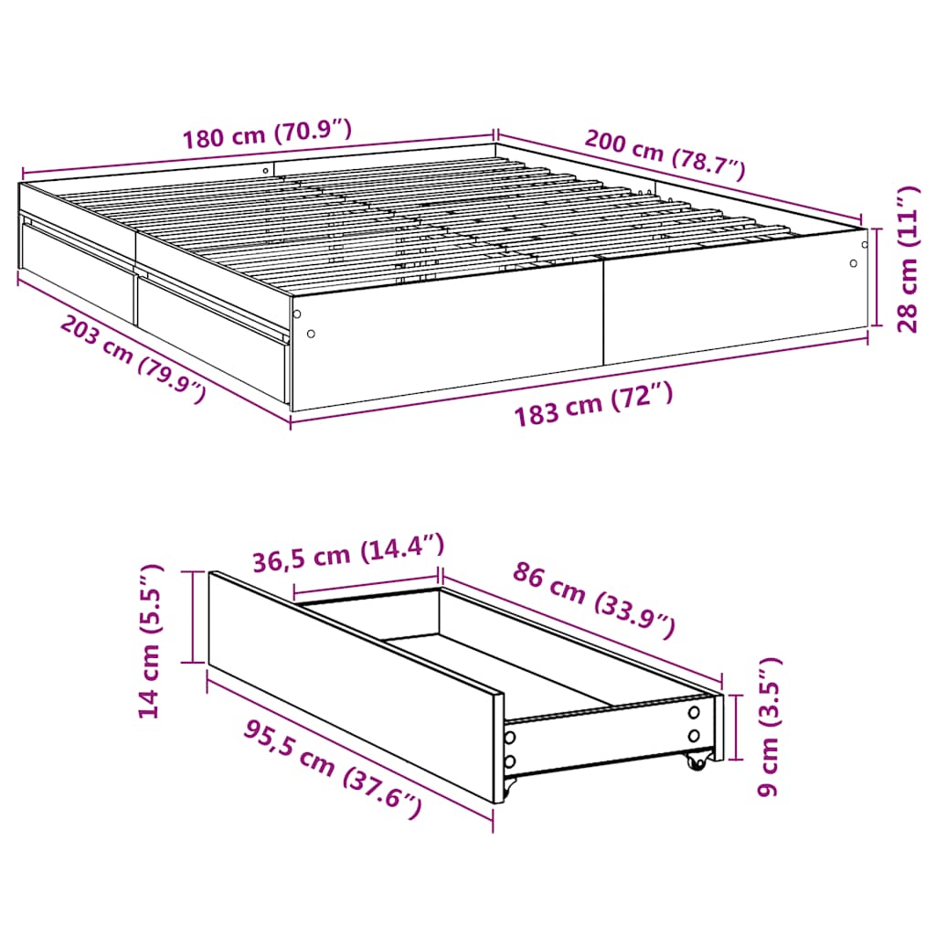 Bedframe met lades bewerkt hout wit 180x200 cm is nu te koop bij PeponiXL, paradijselijk wonen!