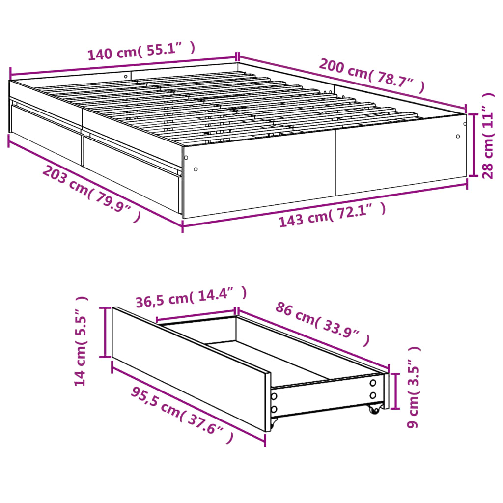 Bedframe met lades bewerkt hout wit 140x200 cm is nu te koop bij PeponiXL, paradijselijk wonen!