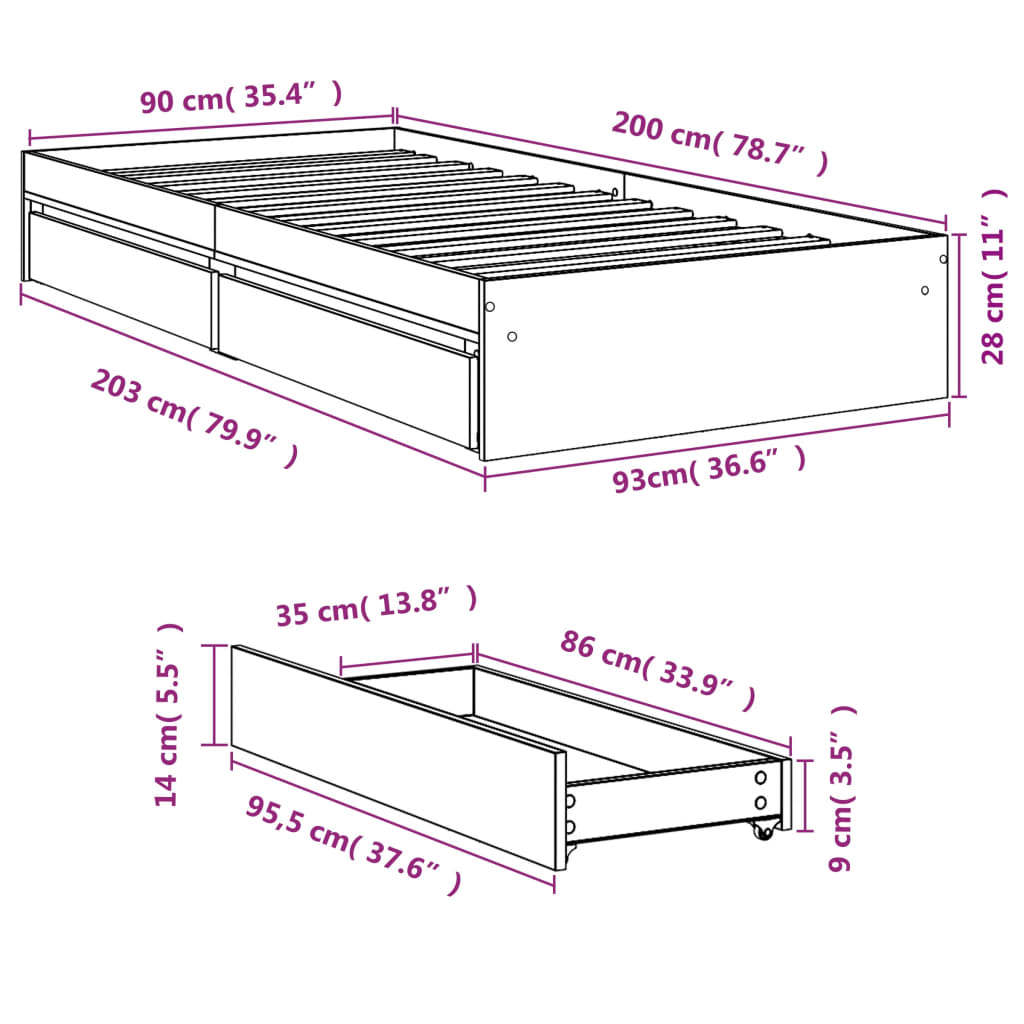 Bedframe met lades bewerkt hout betongrijs 90x200 cm is nu te koop bij PeponiXL, paradijselijk wonen!
