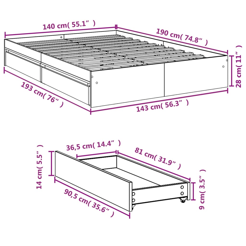 Bedframe met lades bewerkt hout wit 140x190 cm is nu te koop bij PeponiXL, paradijselijk wonen!