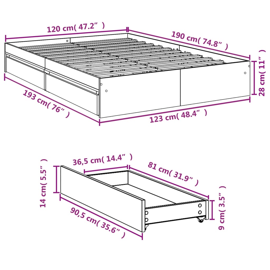 Bedframe met lades bewerkt hout sonoma eikenkleurig 120x190 cm is nu te koop bij PeponiXL, paradijselijk wonen!