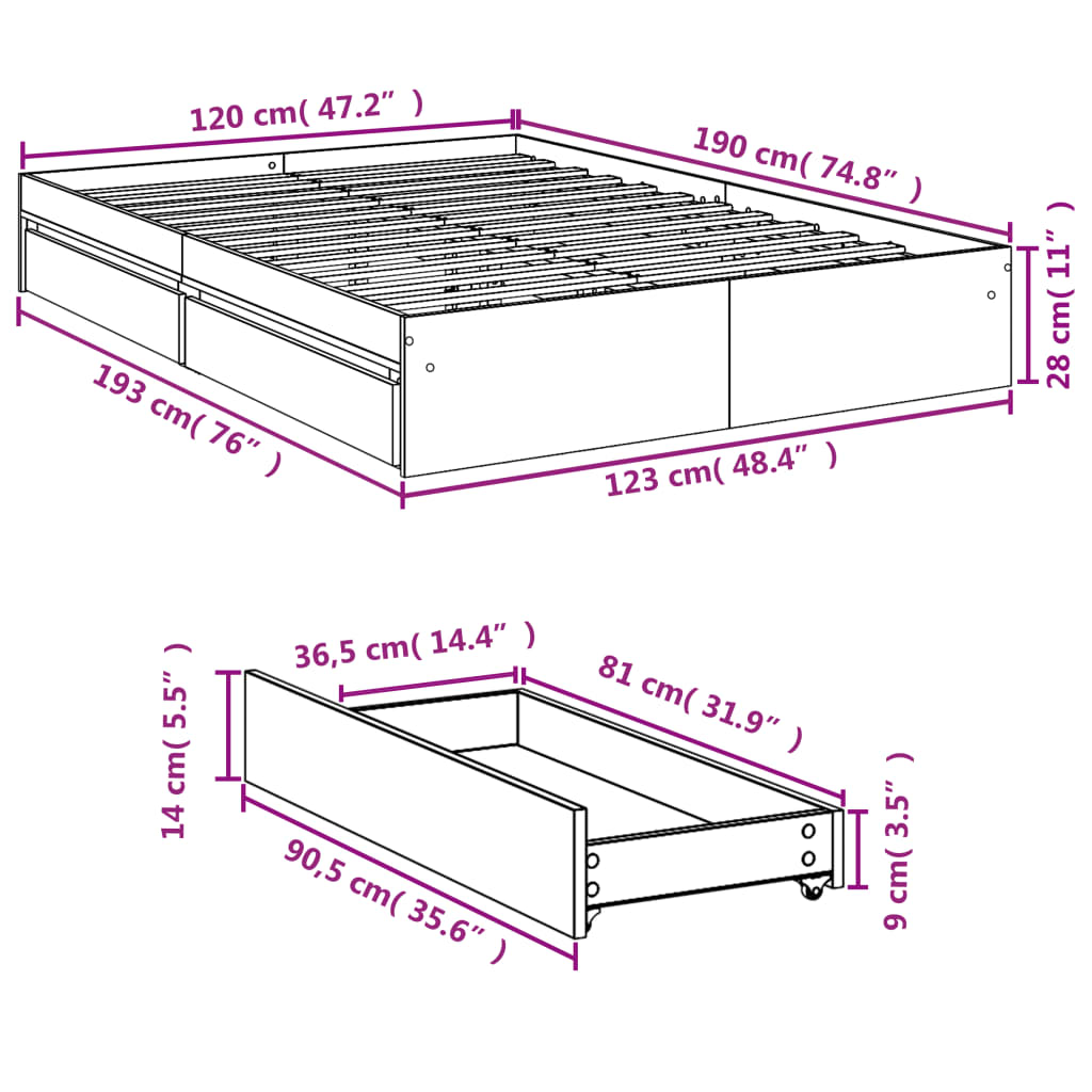 Bedframe met lades bewerkt hout grijs sonoma eiken 120x190 cm is nu te koop bij PeponiXL, paradijselijk wonen!