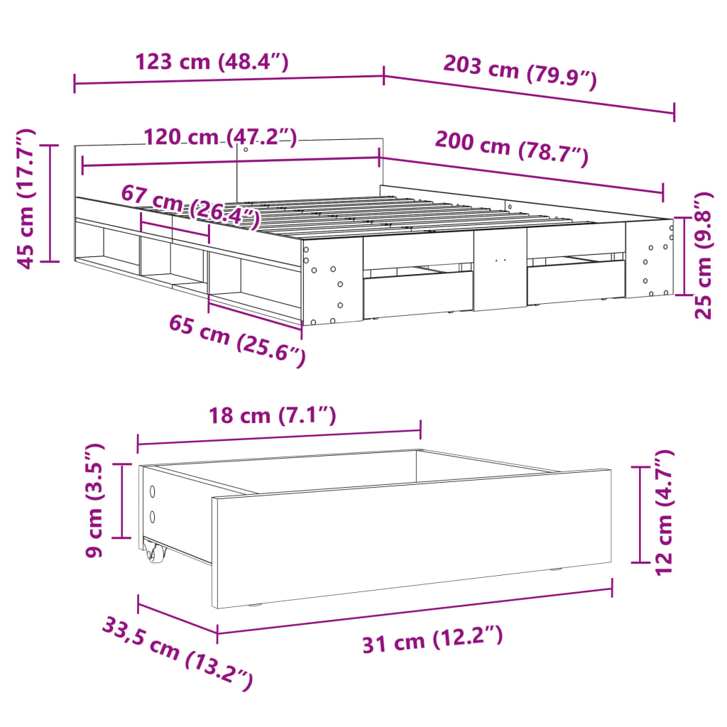 Bedframe met lades bewerkt hout gerookt eikenkleurig 120x200 cm is nu te koop bij PeponiXL, paradijselijk wonen!