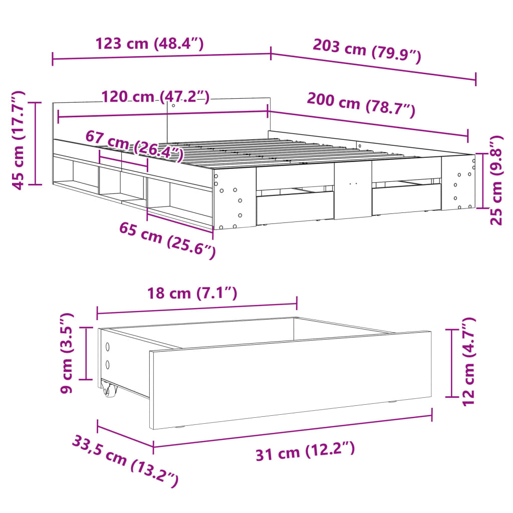 Bedframe met lades bewerkt hout grijs sonoma eiken 120x200 cm is nu te koop bij PeponiXL, paradijselijk wonen!