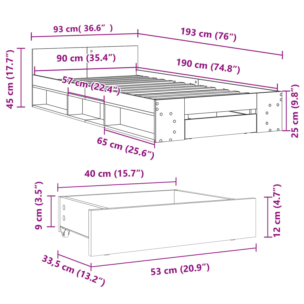 Bedframe met lade bewerkt hout betongrijs 90x190 cm is nu te koop bij PeponiXL, paradijselijk wonen!