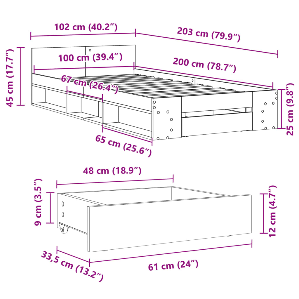 Bedframe met lade bewerkt hout zwart 100x200 cm is nu te koop bij PeponiXL, paradijselijk wonen!