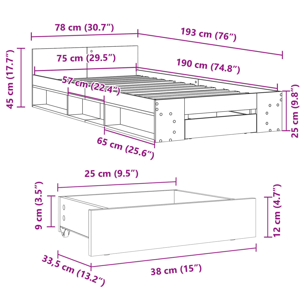 Bedframe met lade bewerkt hout grijs sonoma eiken 75x190 cm is nu te koop bij PeponiXL, paradijselijk wonen!