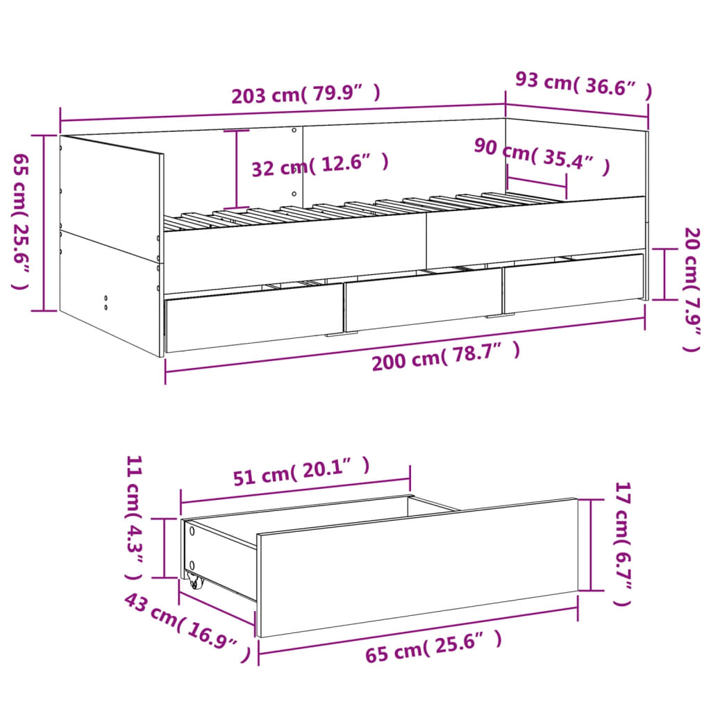 Slaapbank met lades zonder matras 90x200 cm betongrijs is nu te koop bij PeponiXL, paradijselijk wonen!
