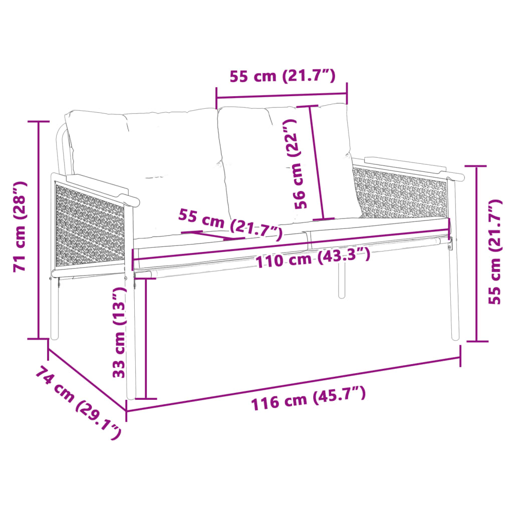 Tuinbank met kussens 116 cm staal zwart is nu te koop bij PeponiXL, paradijselijk wonen!