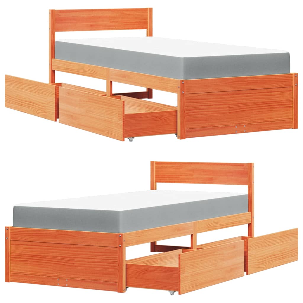 Bed met lades en matras massief grenenhout wasbruin 90x200 cm is nu te koop bij PeponiXL, paradijselijk wonen!
