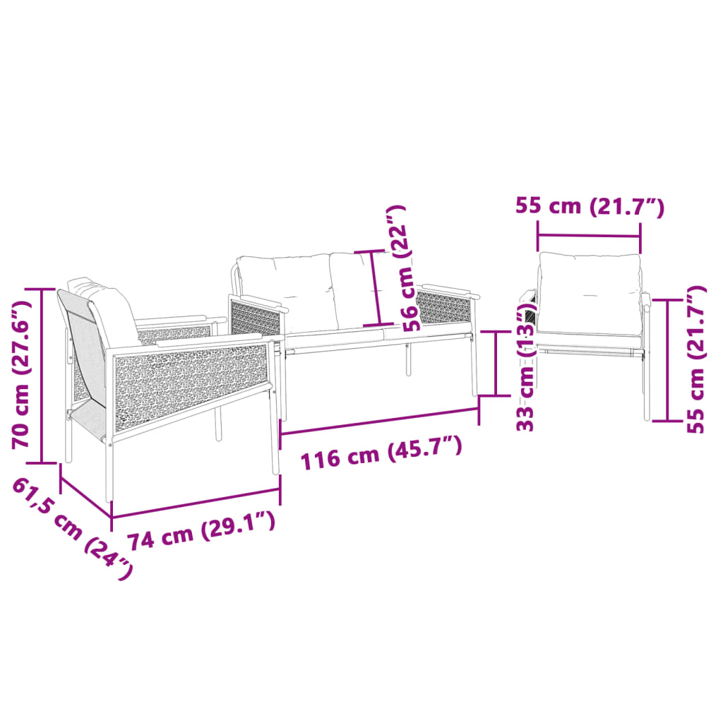 3-delige Balkonset met kussens staal zwart is nu te koop bij PeponiXL, paradijselijk wonen!