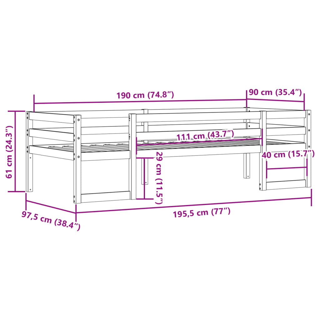 Kinderbedframe massief grenenhout 90x190 cm