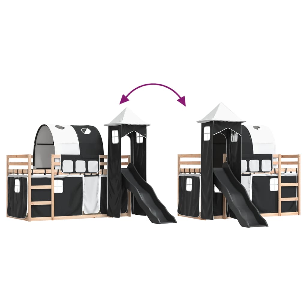 Stapelbed met glijbaan en gordijnen wit en zwart 90x190 cm is nu te koop bij PeponiXL, paradijselijk wonen!
