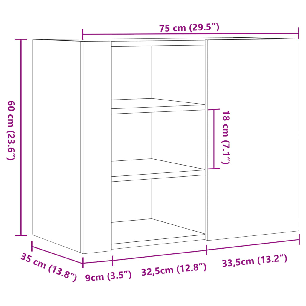 Wandkast 75x35x60 cm bewerkt hout grijs sonoma eikenkleurig is nu te koop bij PeponiXL, paradijselijk wonen!