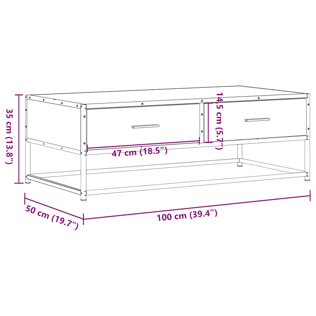 Salontafel 100x50x35 cm bewerkt hout en metaal bruin eikenkleur is nu te koop bij PeponiXL, paradijselijk wonen!