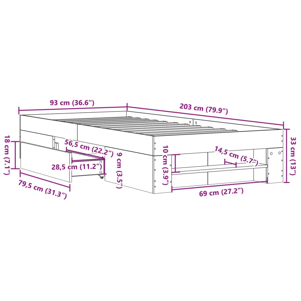 Bedframe zonder matras hout sonoma eikenkleurig 90x200 cm is nu te koop bij PeponiXL, paradijselijk wonen!