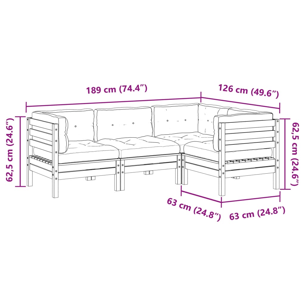 4-delige Loungeset met kussens massief grenenhout wasbruin