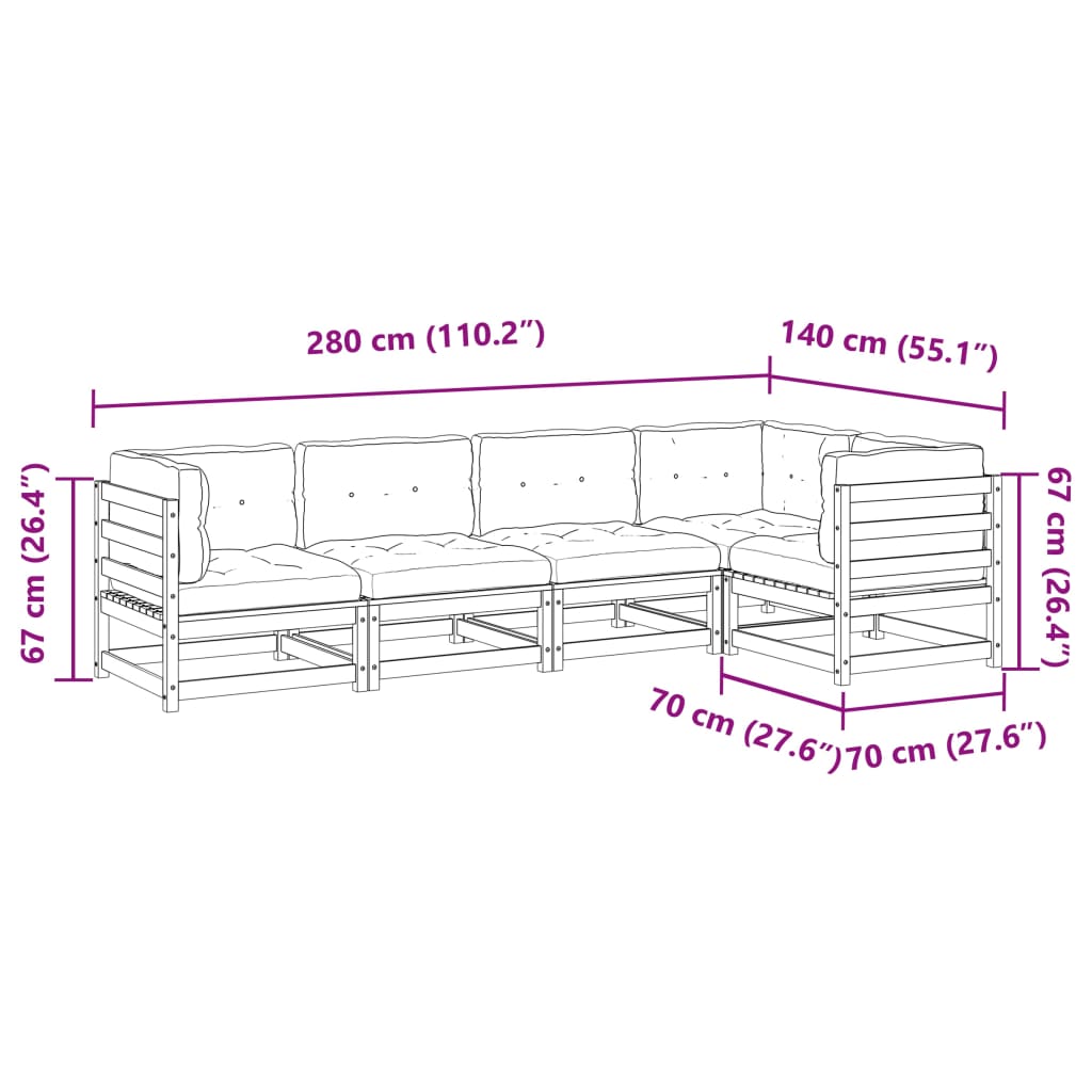 5-delige Loungeset met kussens massief grenenhout