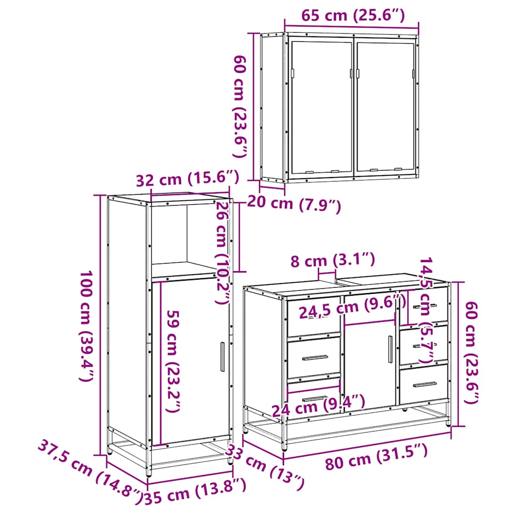 3-delige Badkamermeubelset bewerkt hout sonoma eikenkleurig is nu te koop bij PeponiXL, paradijselijk wonen!