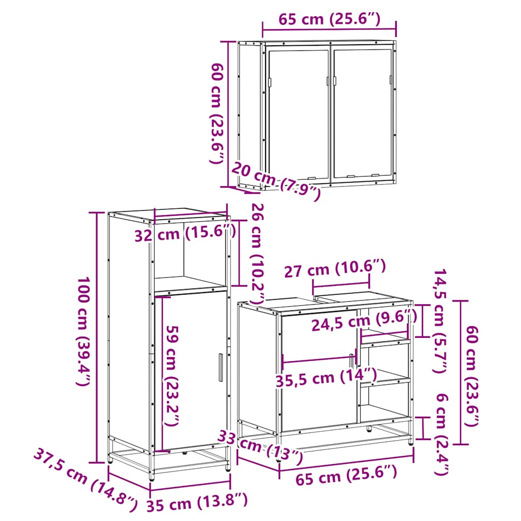 3-delige Badkamermeubelset bewerkt hout sonoma eikenkleurig is nu te koop bij PeponiXL, paradijselijk wonen!