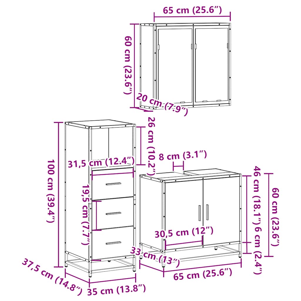 3-delige Badkamermeubelset bewerkt hout sonoma eikenkleurig is nu te koop bij PeponiXL, paradijselijk wonen!