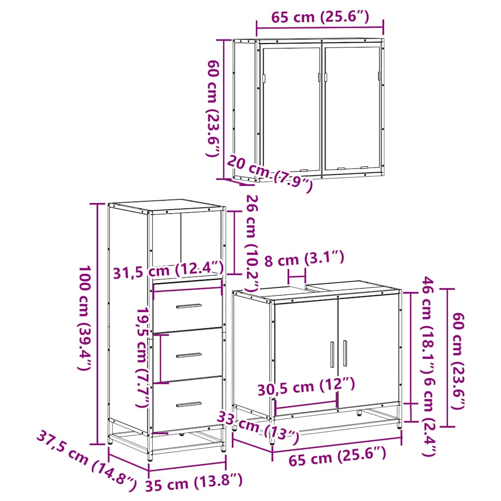 3-delige Badkamermeubelset bewerkt hout gerookt eikenkleurig is nu te koop bij PeponiXL, paradijselijk wonen!
