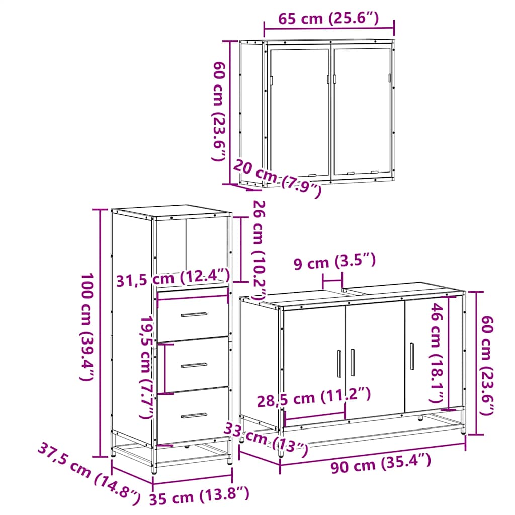 3-delige Badkamermeubelset bewerkt hout gerookt eikenkleurig is nu te koop bij PeponiXL, paradijselijk wonen!