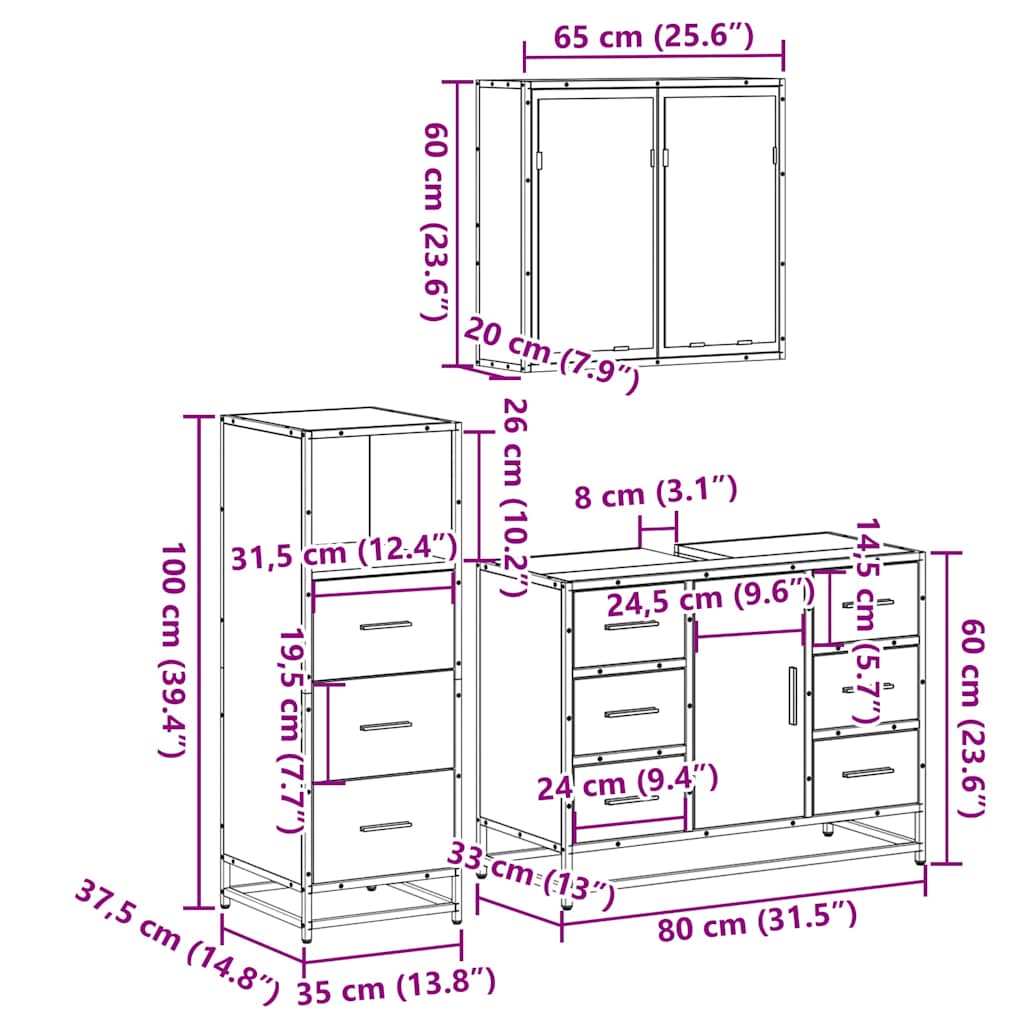 3-delige Badkamermeubelset bewerkt hout gerookt eikenkleurig is nu te koop bij PeponiXL, paradijselijk wonen!