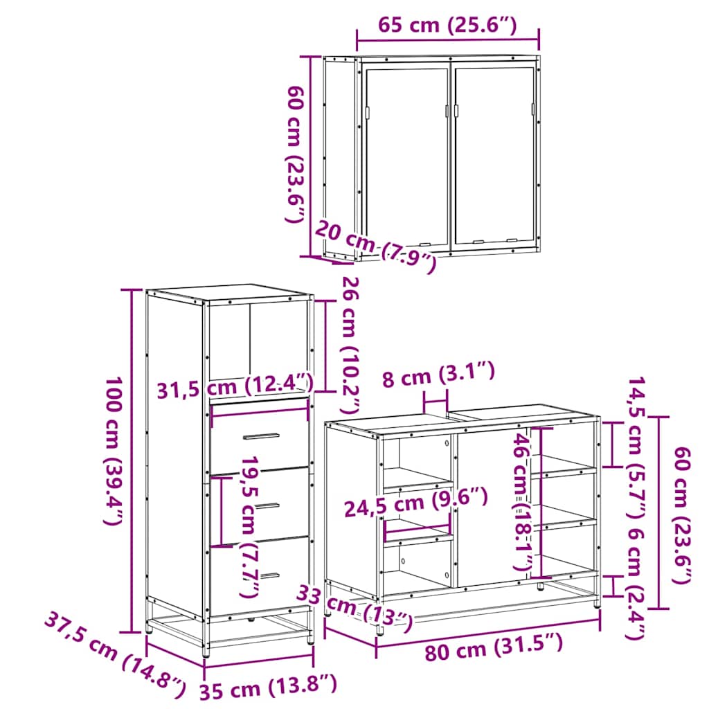 3-delige Badkamermeubelset bewerkt hout sonoma eikenkleurig is nu te koop bij PeponiXL, paradijselijk wonen!