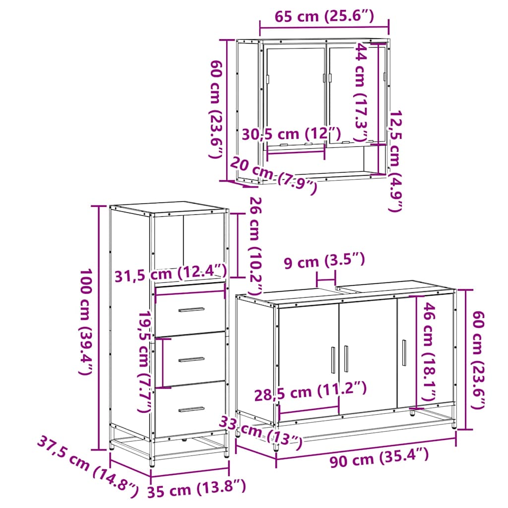 3-delige Badkamermeubelset bewerkt hout sonoma eikenkleurig
