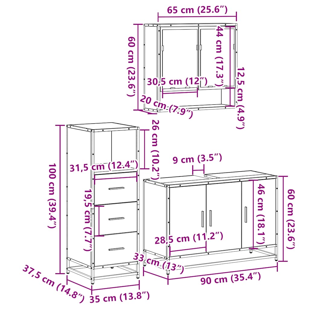 3-delige Badkamermeubelset bewerkt hout grijs sonoma eikenkleur is nu te koop bij PeponiXL, paradijselijk wonen!