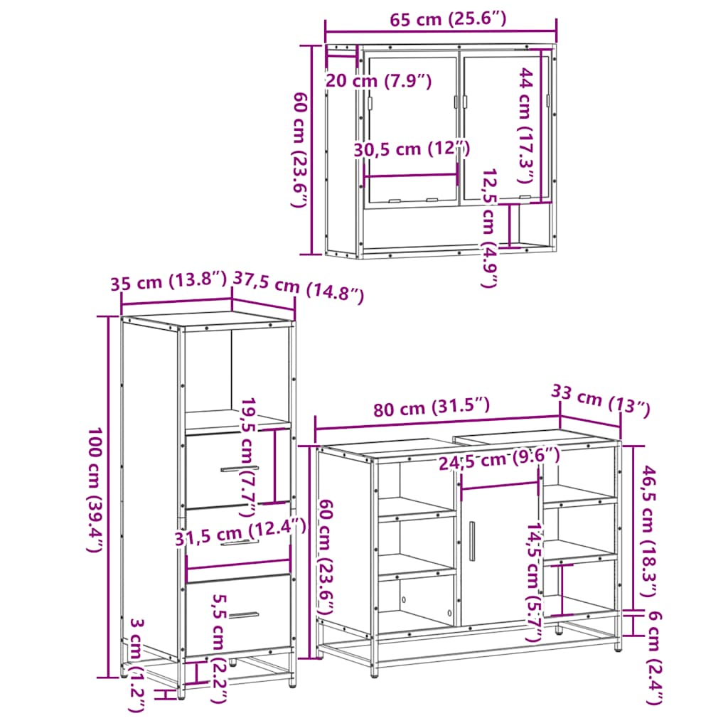 3-delige Badkamermeubelset bewerkt hout bruin eikenkleur is nu te koop bij PeponiXL, paradijselijk wonen!