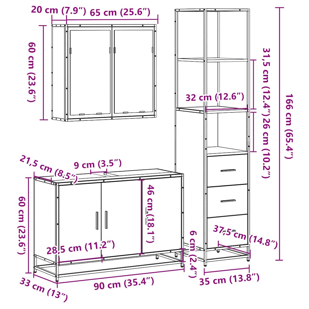 3-delige Badkamermeubelset bewerkt hout gerookt eikenkleurig is nu te koop bij PeponiXL, paradijselijk wonen!