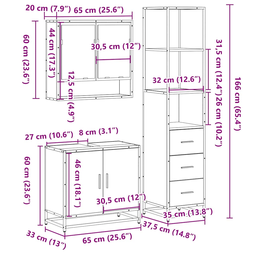 3-delige Badkamermeubelset bewerkt hout gerookt eikenkleurig is nu te koop bij PeponiXL, paradijselijk wonen!