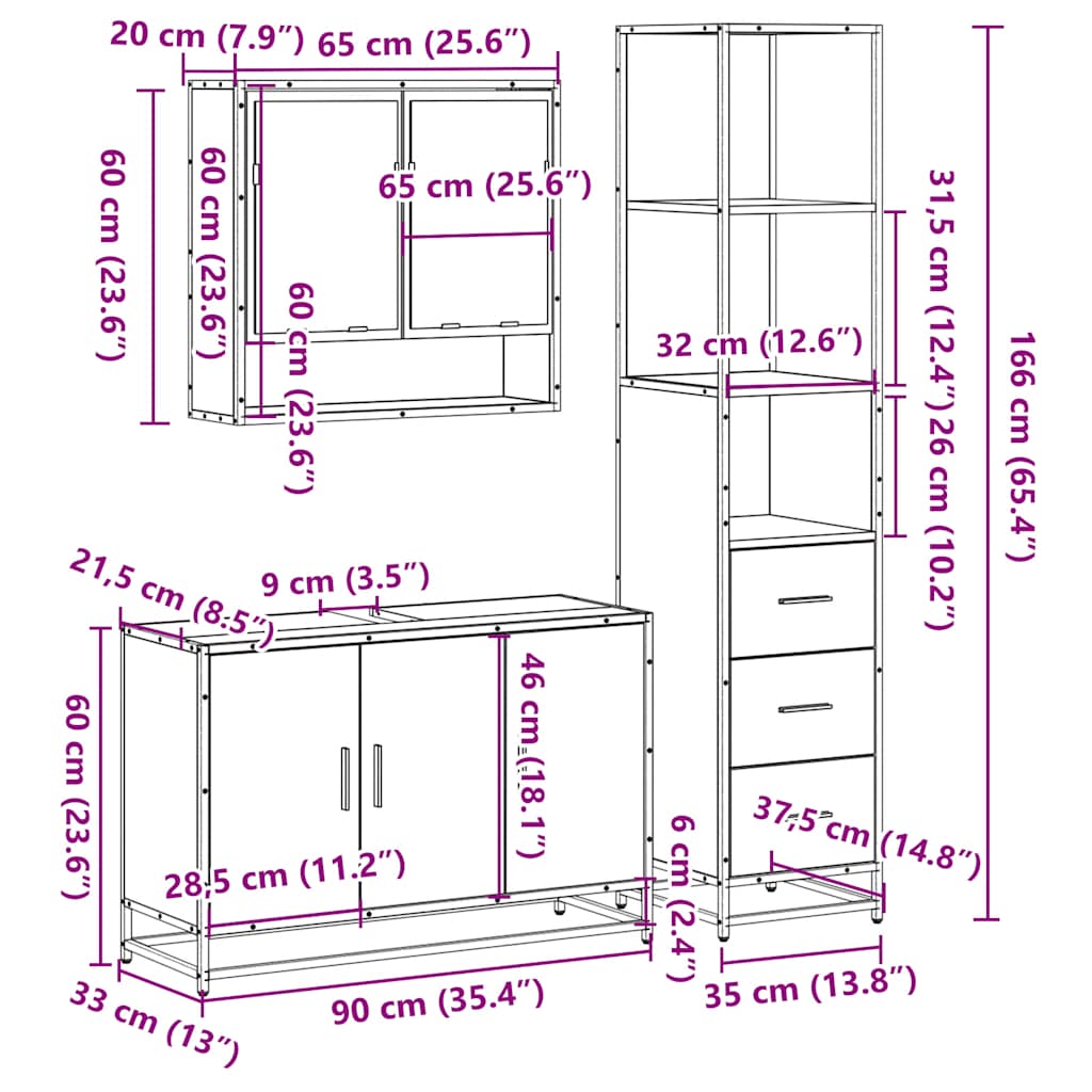 3-delige Badkamermeubelset bewerkt hout gerookt eikenkleurig is nu te koop bij PeponiXL, paradijselijk wonen!