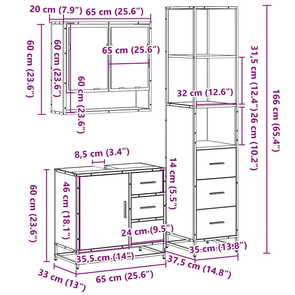 3-delige Badkamermeubelset bewerkt hout sonoma eikenkleurig is nu te koop bij PeponiXL, paradijselijk wonen!