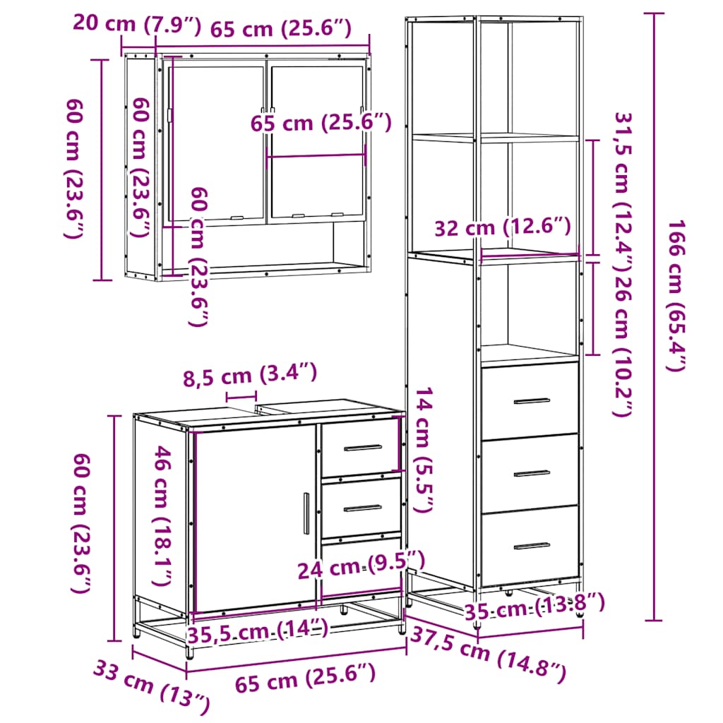 3-delige Badkamermeubelset bewerkt hout gerookt eikenkleurig is nu te koop bij PeponiXL, paradijselijk wonen!