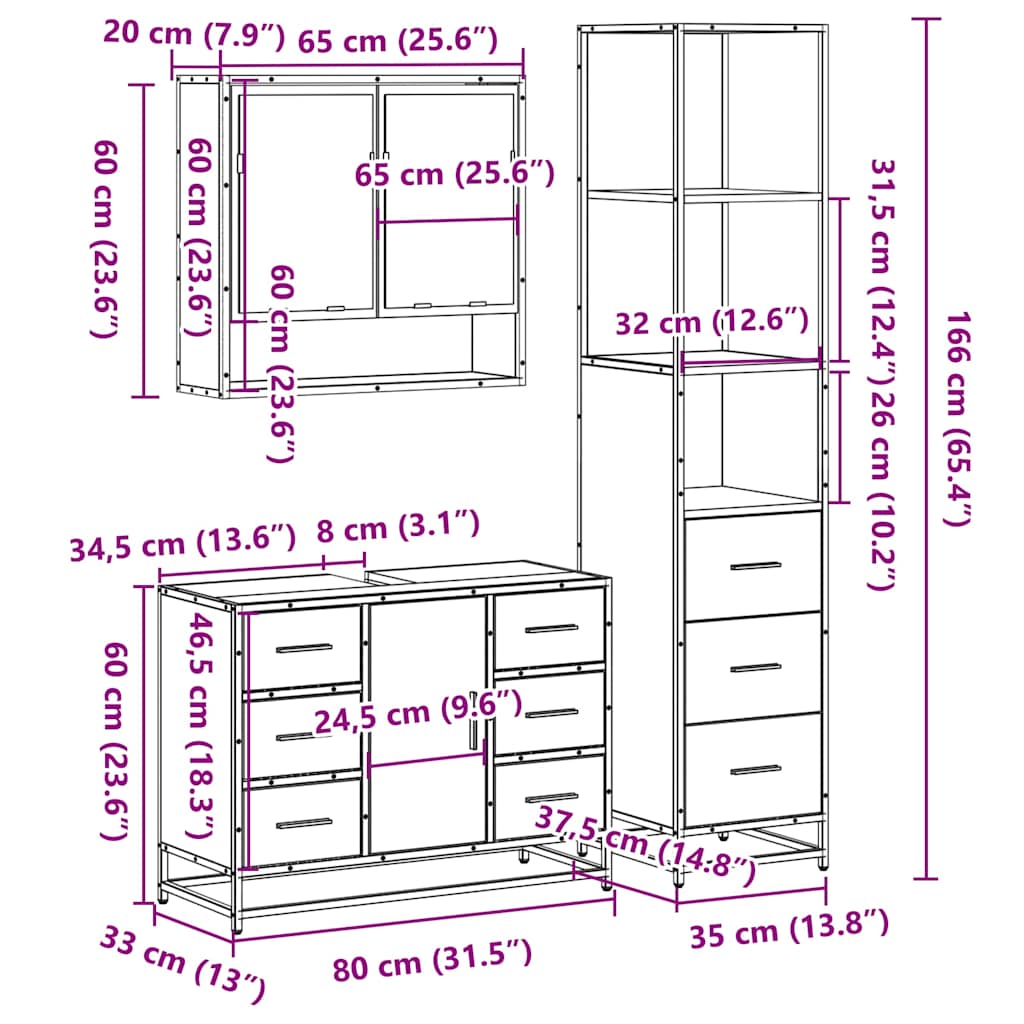 3-delige Badkamermeubelset bewerkt hout gerookt eikenkleurig is nu te koop bij PeponiXL, paradijselijk wonen!