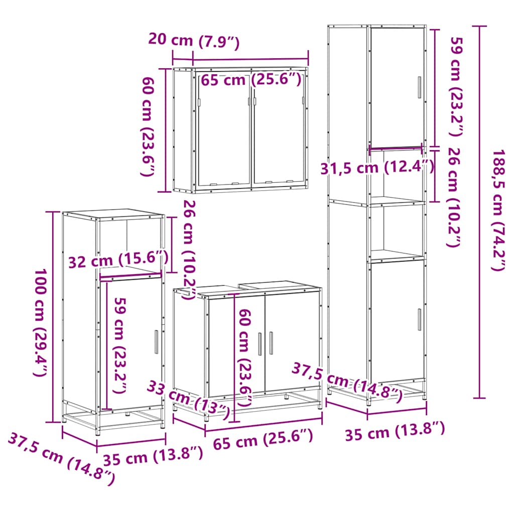 4-delige Badkamermeubelset bewerkt hout sonoma eikenkleurig is nu te koop bij PeponiXL, paradijselijk wonen!