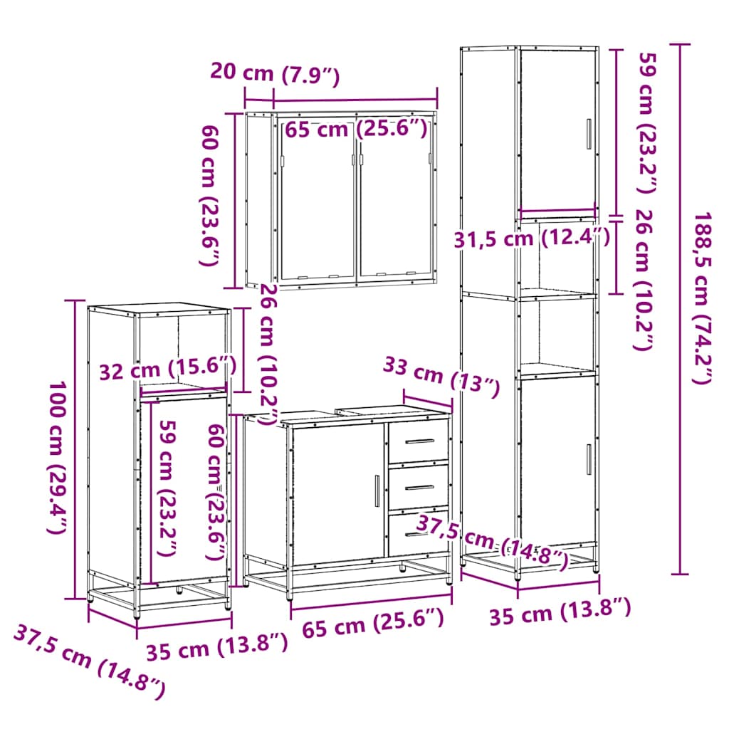 4-delige Badkamermeubelset bewerkt hout sonoma eikenkleurig is nu te koop bij PeponiXL, paradijselijk wonen!