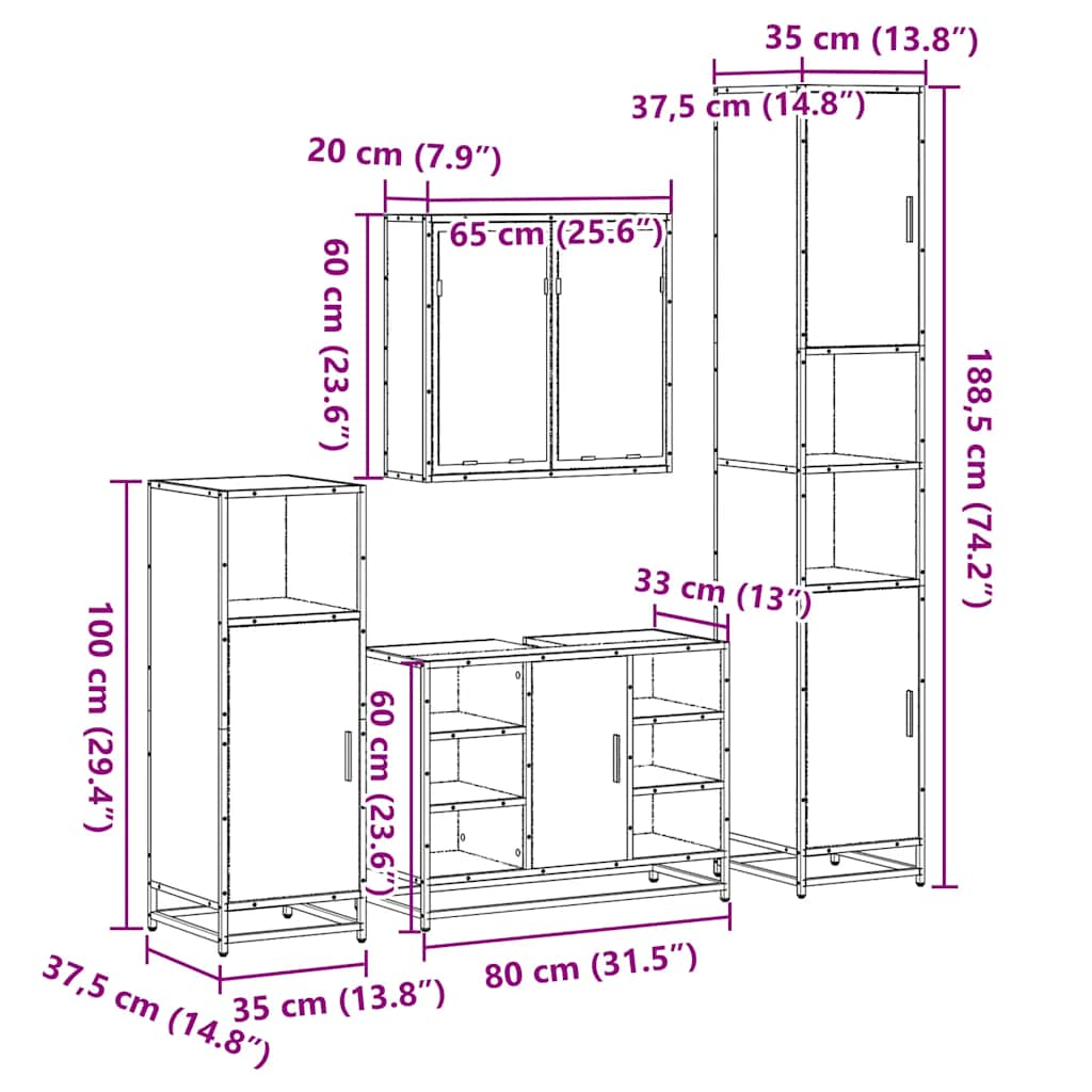 4-delige Badkamermeubelset bewerkt hout sonoma eikenkleurig is nu te koop bij PeponiXL, paradijselijk wonen!