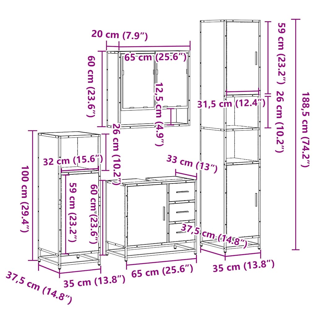4-delige Badkamermeubelset bewerkt hout gerookt eikenkleurig is nu te koop bij PeponiXL, paradijselijk wonen!