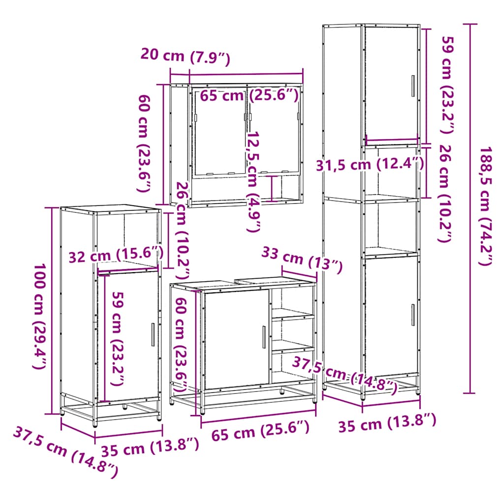 4-delige Badkamermeubelset bewerkt hout gerookt eikenkleurig is nu te koop bij PeponiXL, paradijselijk wonen!