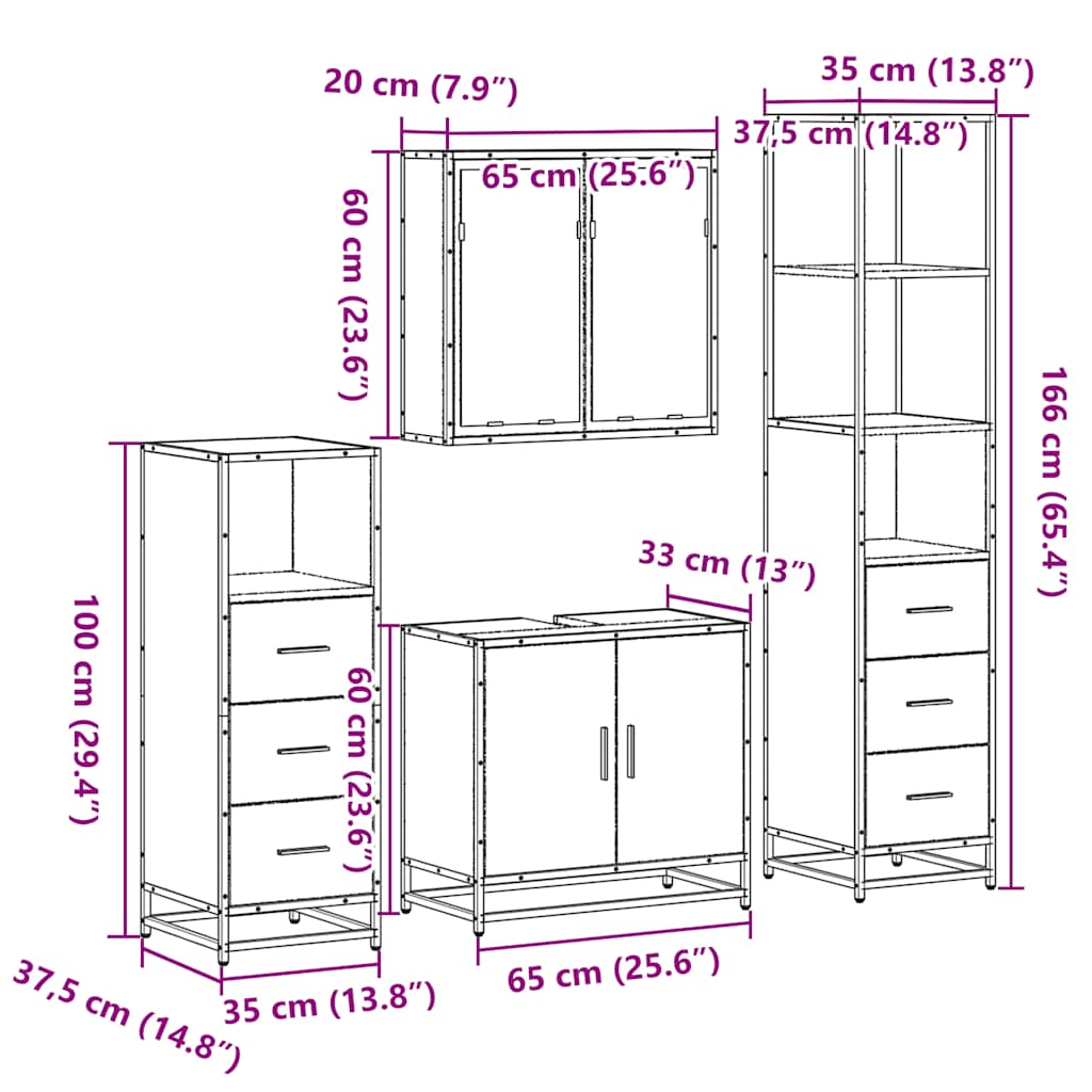 4-delige Badkamermeubelset bewerkt hout sonoma eikenkleurig is nu te koop bij PeponiXL, paradijselijk wonen!