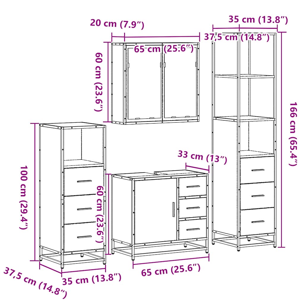 4-delige Badkamermeubelset bewerkt hout gerookt eikenkleurig is nu te koop bij PeponiXL, paradijselijk wonen!