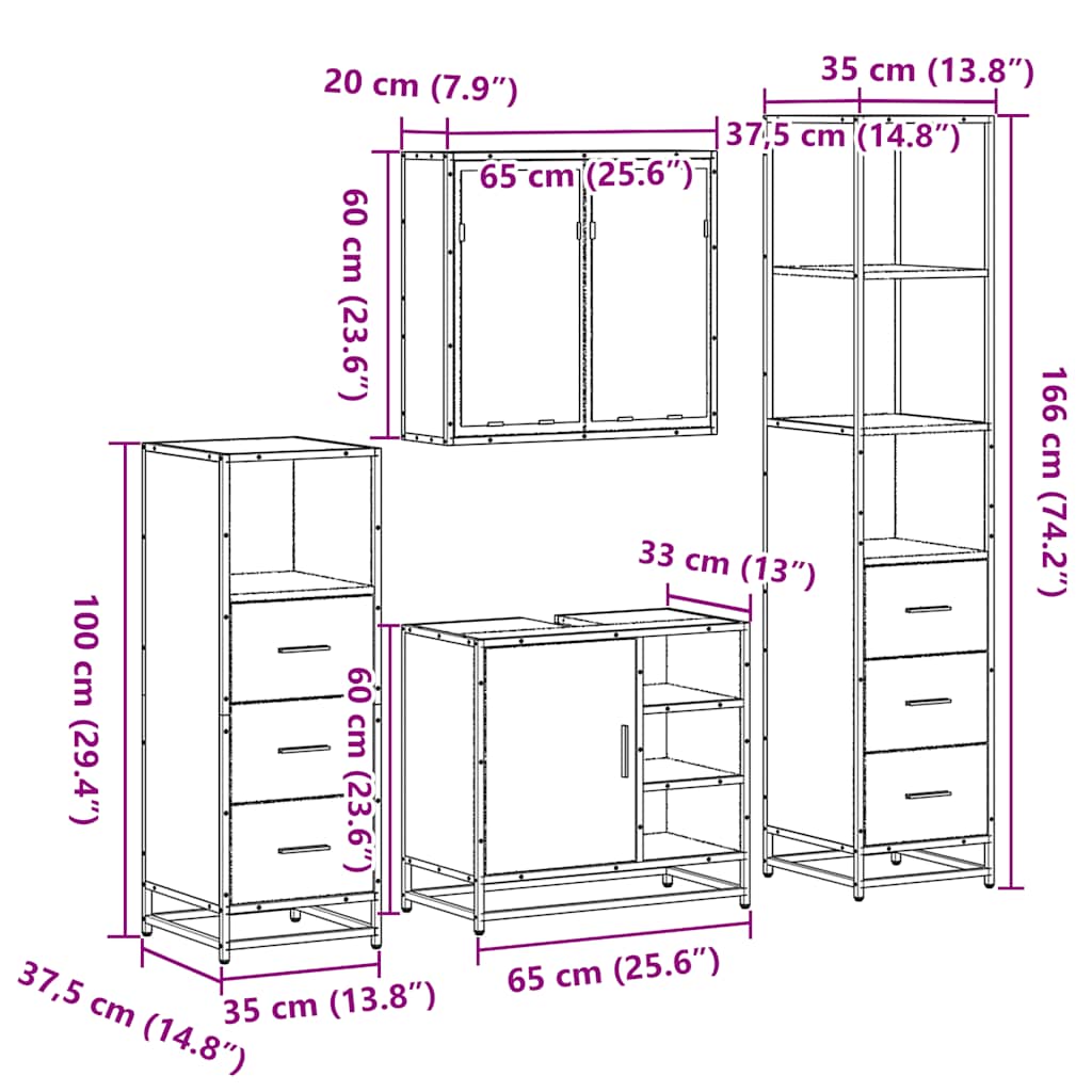 4-delige Badkamermeubelset bewerkt hout sonoma eikenkleurig is nu te koop bij PeponiXL, paradijselijk wonen!