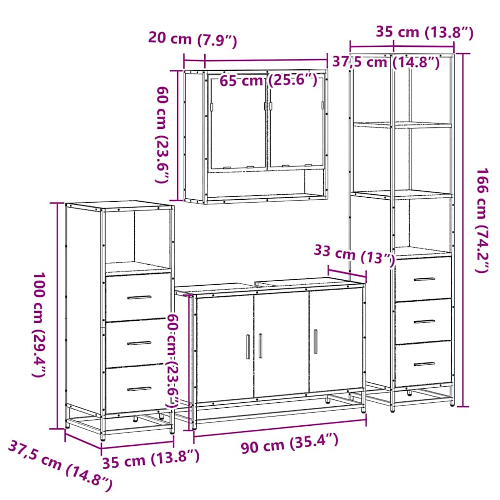 4-delige Badkamermeubelset bewerkt hout gerookt eikenkleurig is nu te koop bij PeponiXL, paradijselijk wonen!